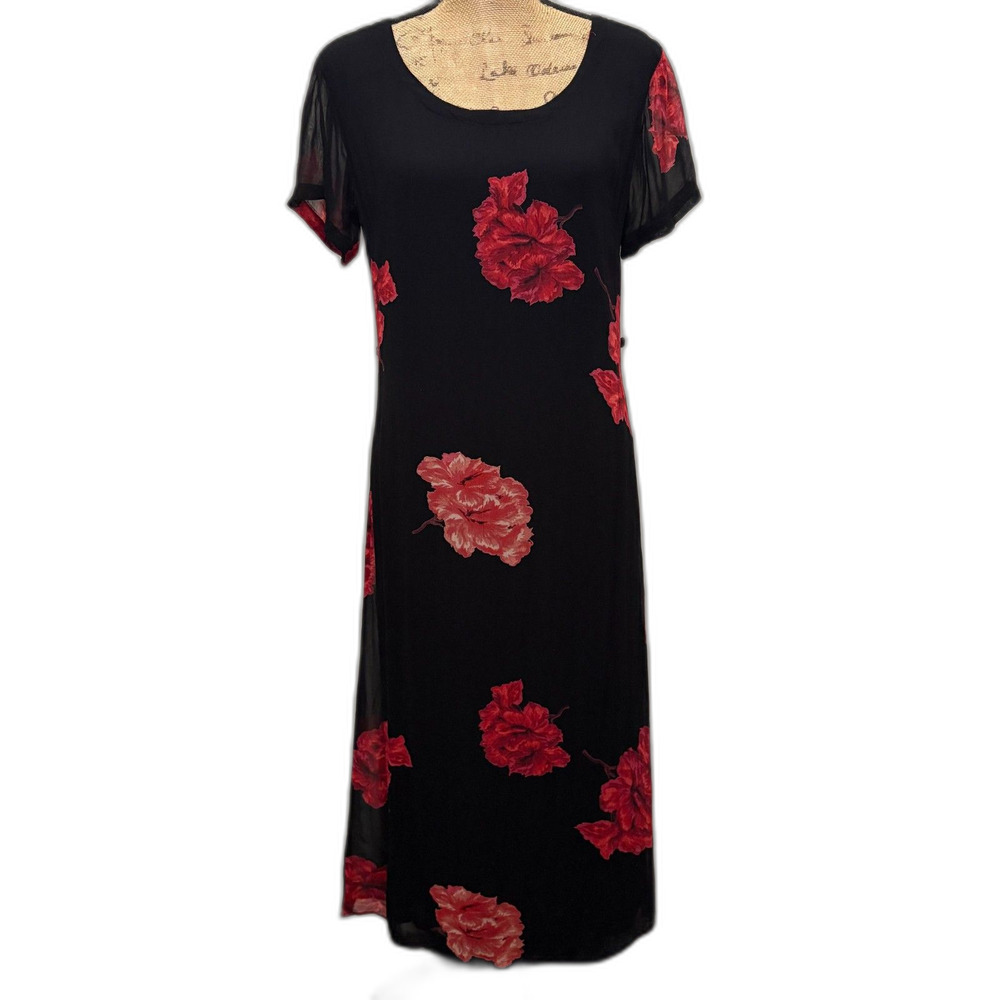Lola P. Vintage 90s Midi Dress Black Red Floral‎ Print Romantic Grunge Size 10